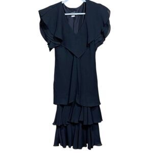 Justin David New York Vintage Elegant Black Ruffled Midi Dress